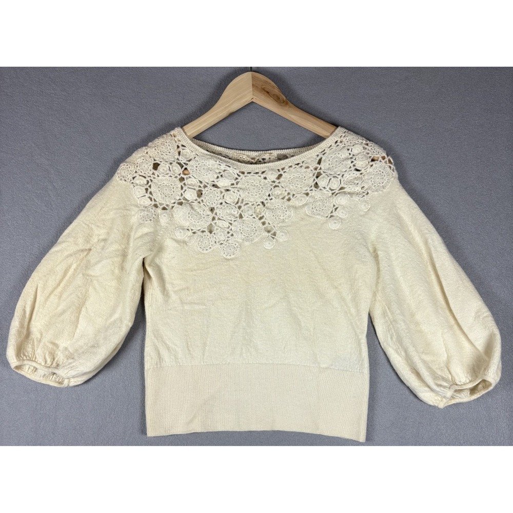 Knitted & Knotted Womens Pullover Sweater Ivory Floral Crochet Balloon Sleeve M